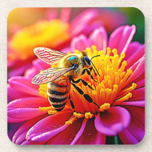 Vibrant Bee on Bloom Design Coaster