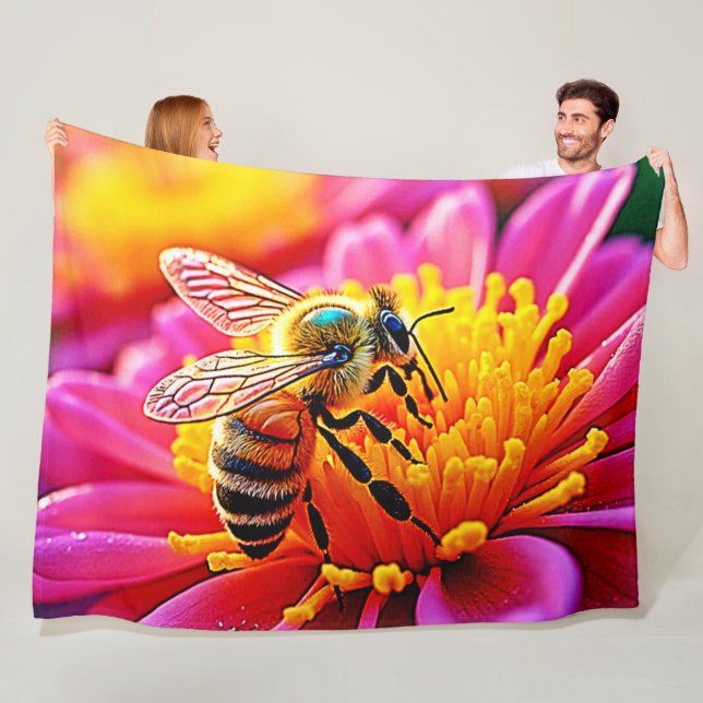 Vibrant Bee on Bloom Design Fleece Blanket (In Situ)
