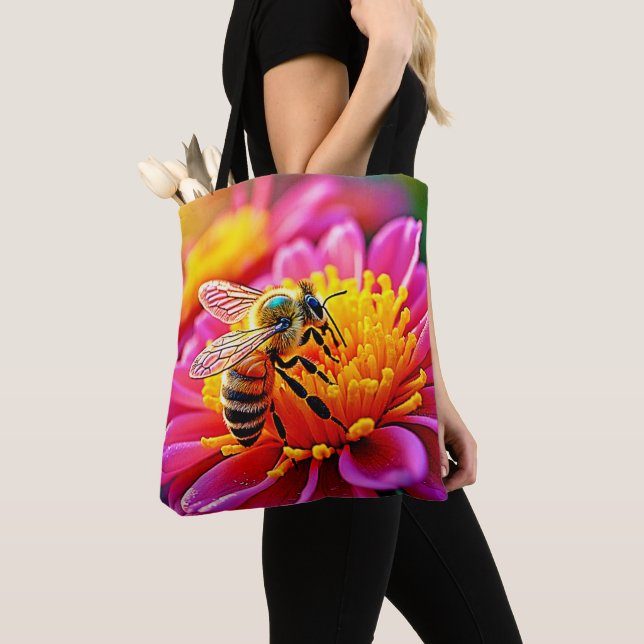 Vibrant Bee on Bloom Design Tote Bag (Close Up)