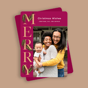 Vibrant Berry Merry Pine Photo Christmas  Holiday Card