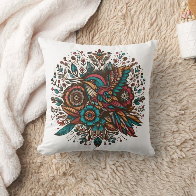Vibrant bird and floral design in rich colours cushion (Blanket)