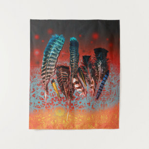 Vibrant Bird Feathers Orange Turquoise Southwest Tapestry