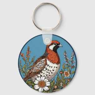 Vibrant Bird Surrounded by Colourful Wildflowers Key Ring