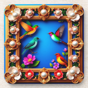 Vibrant Birds Encircled by Ornate Floral Frame Coaster