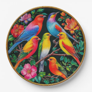 Vibrant Birds Perched on Flowering Branches Paper Plate