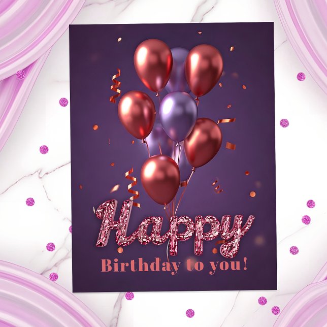 Vibrant Birthday Balloons with Confetti on Purple Postcard (Creator Uploaded)