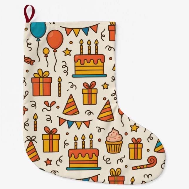 Vibrant Birthday Party Seamless Pattern Large Christmas Stocking (Front)