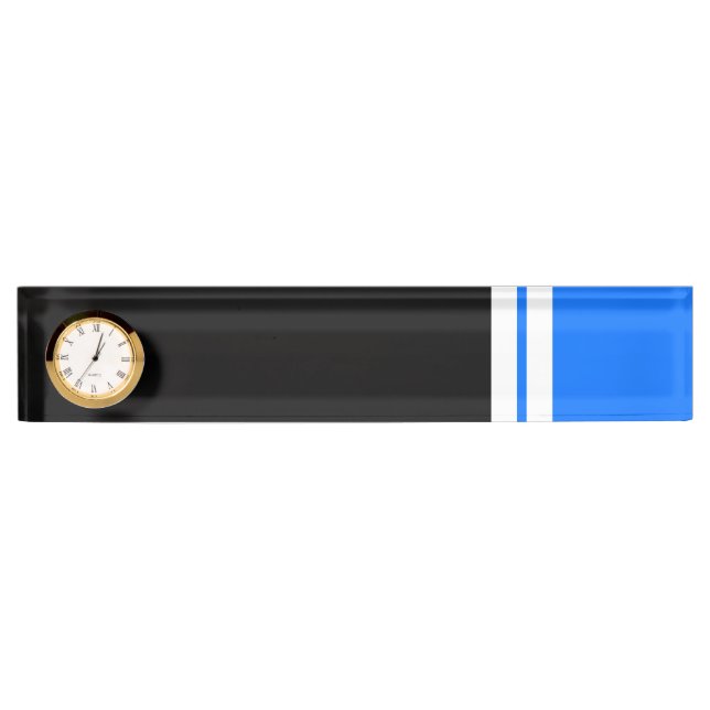 Vibrant Black Block Two Stripes Bright Blue Clock Nameplate (Front)