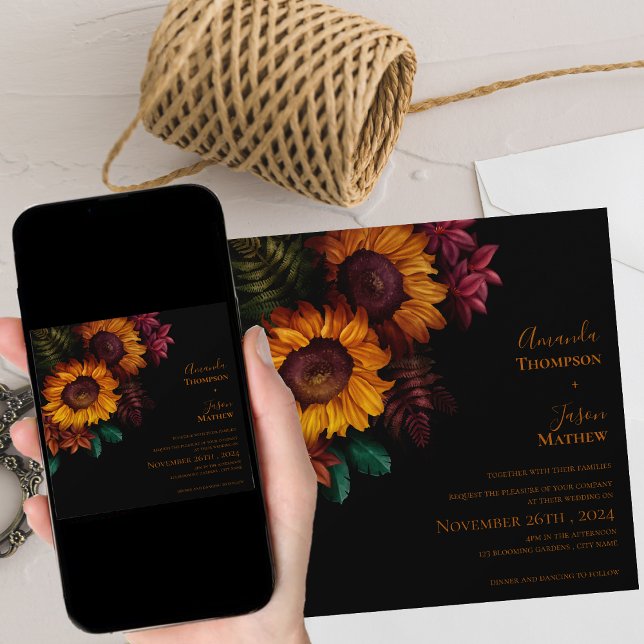 Vibrant Black Burnt Orange Floral Modern Wedding Invitation (Vibrant Black Burnt Orange Floral Modern Wedding Invitation)