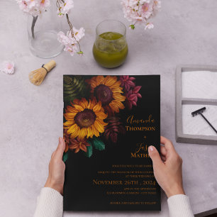 Vibrant Black Burnt Orange Floral Modern Wedding Invitation Postcard