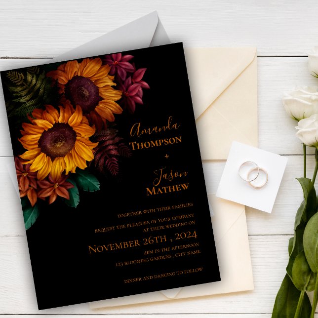 Vibrant Black Burnt Orange Floral Modern Wedding Invitation Postcard (Vibrant Black Burnt Orange Floral Modern Wedding Invitation Postcard)
