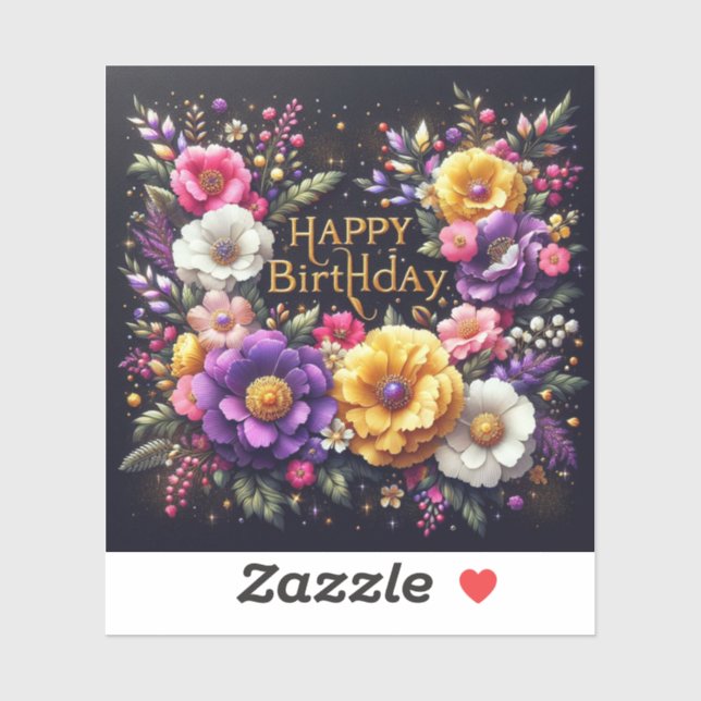 Vibrant Black Floral Birthday Sticker (Sheet)