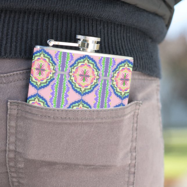 Vibrant Bloom Kaleidoscope: Pink & Emerald Mandala Hip Flask (In Situ)