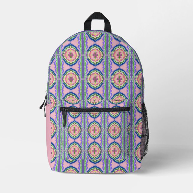 Vibrant Bloom Kaleidoscope: Pink & Emerald Mandala Printed Backpack (Front)