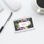 Vibrant Bloom | Personalised Watercolor Floral Business Card Holder<br><div class="desc">Elegant floral business card holder features a bouquet of watercolor painted peony and rose flowers in vibrant shades of violet purple,  blush pink and green on a rich brushed charcoal background. Your name and/or business name is displayed in the centre in modern lettering on a white rectangular element.</div>