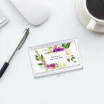 Vibrant Bloom | Personalised Watercolor Floral Business Card Holder<br><div class="desc">Elegant floral business card holder features a bouquet of watercolor painted peony and rose flowers in vibrant shades of violet purple,  blush pink and green. Your name and/or business name is displayed in the centre in modern lettering on a white rectangular element.</div>