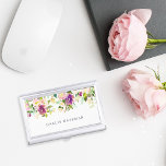 Vibrant Bloom | Personalised Watercolor Floral Business Card Holder<br><div class="desc">Chic floral business card holder features a cascading bouquet of watercolor painted peony and rose flowers in vibrant shades of violet purple,  blush pink and green,  across the top. Your name and/or business name is displayed beneath in elegant dark blue lettering.</div>