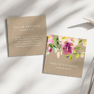 Vibrant Bloom Rustic Watercolor Floral Kraft Square Business Card
