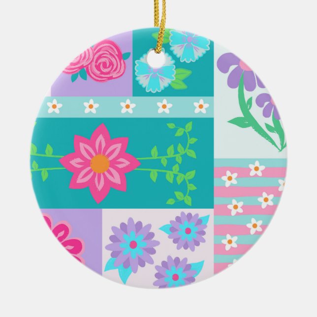 Vibrant Blooming Flowers Design Ceramic Tree Decoration (Front)