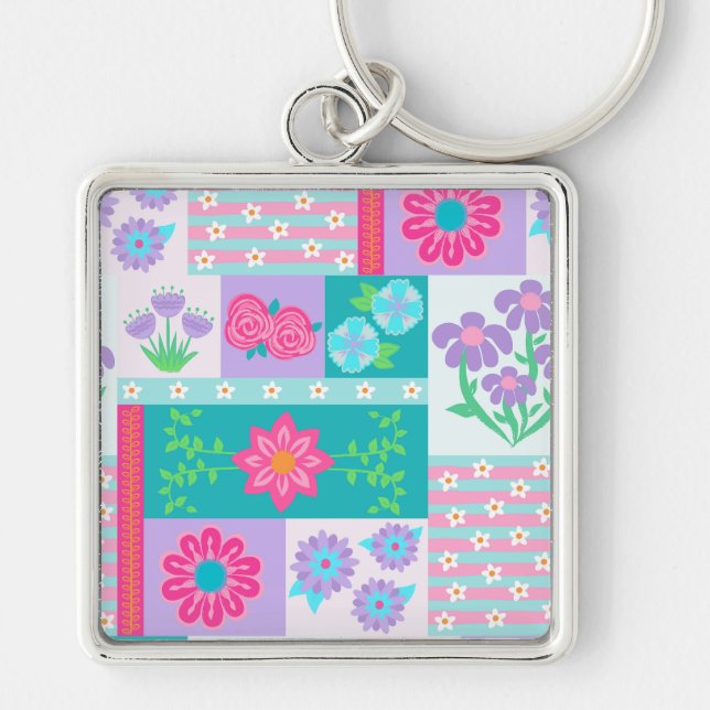 Vibrant Blooming Flowers Design Key Ring (Front)