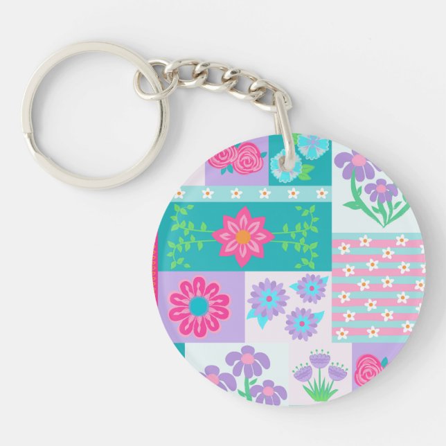 Vibrant Blooming Flowers Design Key Ring (Front)