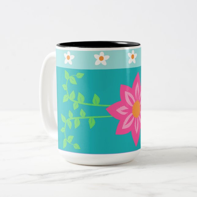 Vibrant Blooming Flowers Design Two-Tone Coffee Mug (Front Left)
