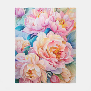 Vibrant Blooming Peonies in Soft Pastel Fleece Blanket