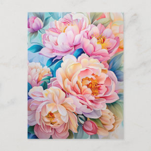 Vibrant Blooming Peonies in Soft Pastel Postcard