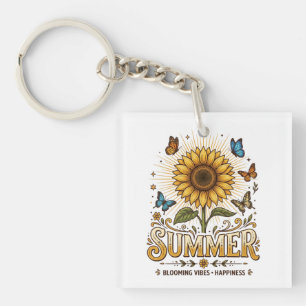 Vibrant Blooming summer sunflower with Butterflies Key Ring