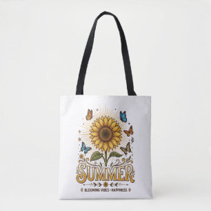 Vibrant Blooming summer sunflower with Butterflies Tote Bag