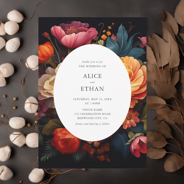 Vibrant Blooms Dark Botanical Wedding Invitation (Creator Uploaded)