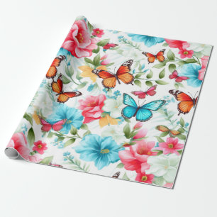 Vibrant Blossoms and Butterflies Wrapping Paper