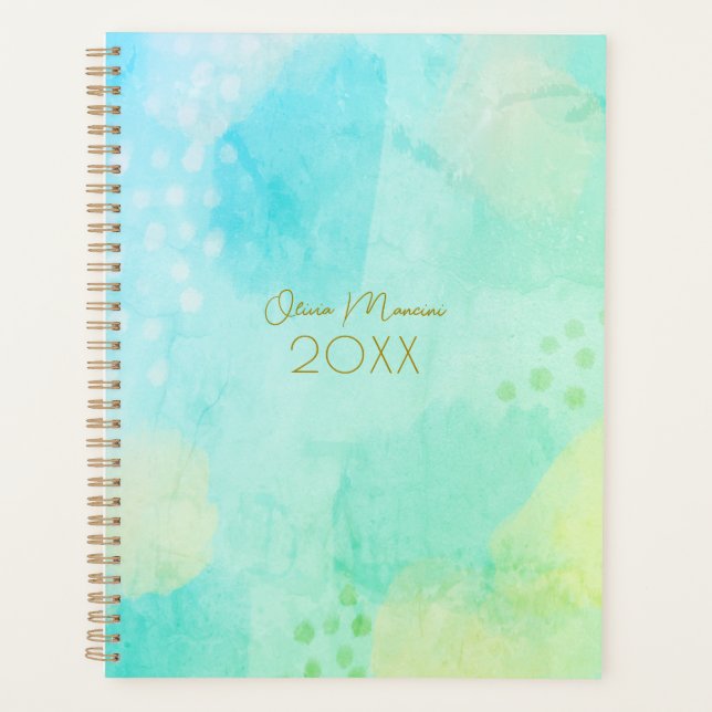Vibrant Blue and Green Abstract Art Planner (Front)
