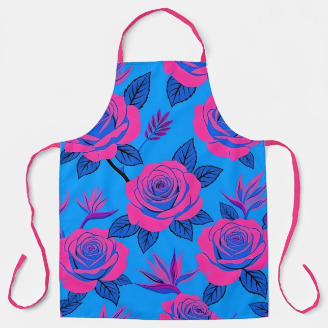 Vibrant Blue and Neon Pink Rose Apron (Front)