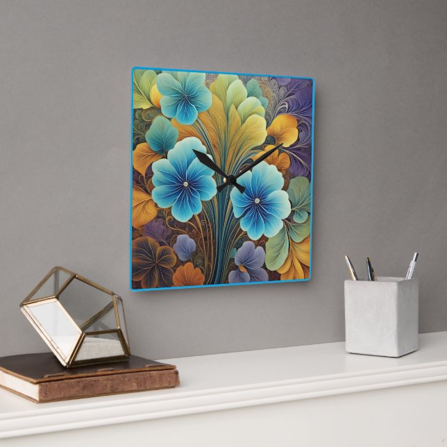 Vibrant Blue and Orange Floral Design Square Wall Clock (Office)