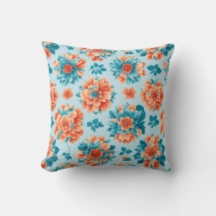 Vibrant Blue and Orange Floral Illustration Cushion