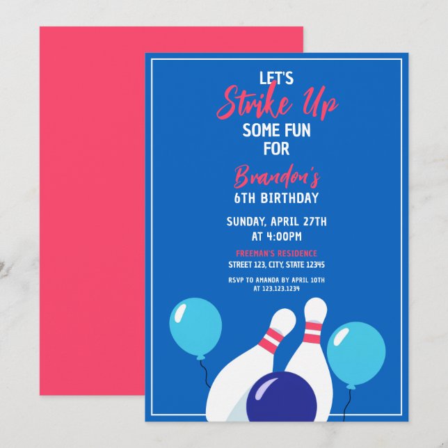 Vibrant Blue and Red Bowling 6th Birthday Invitation (Front/Back)