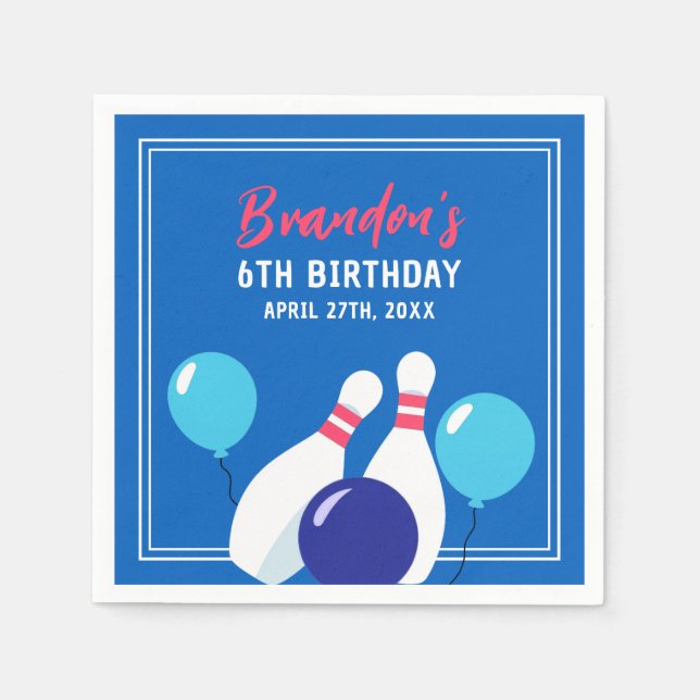 Vibrant Blue and Red Bowling 6th Birthday Napkin (Front)