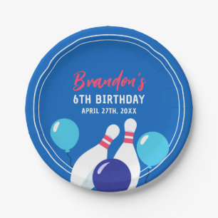 Vibrant Blue and Red Bowling 6th Birthday Paper Plate