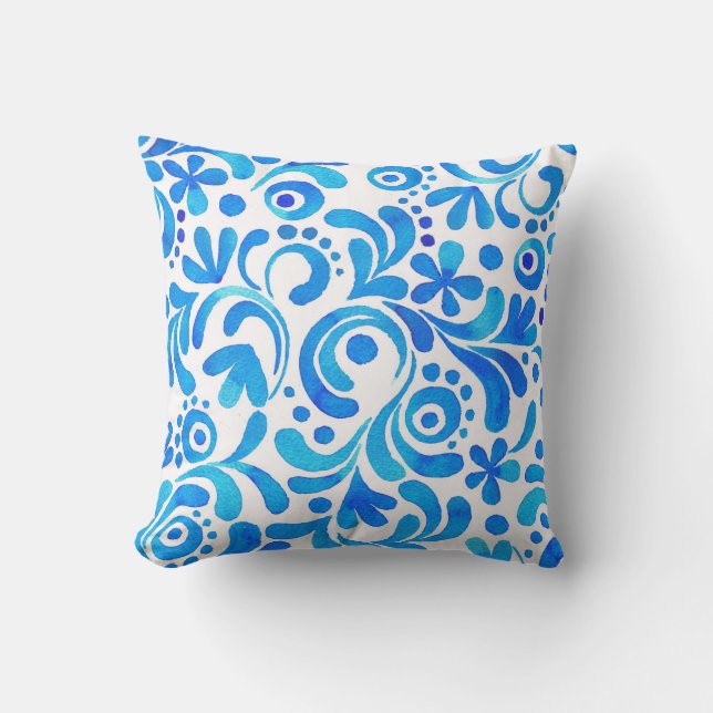 Vibrant Blue and White Watercolor Botanical Cushion (Front)