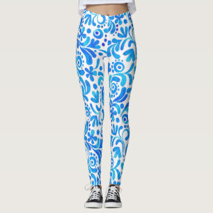 Vibrant Blue and White Watercolor Botanical Leggings