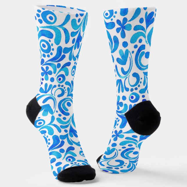 Vibrant Blue and White Watercolor Botanical Socks (Angled)