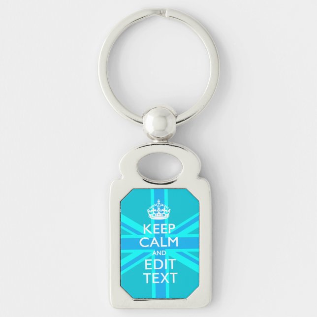Vibrant Blue Aqua Keep Calm Your Text Union Jack Key Ring (Front)