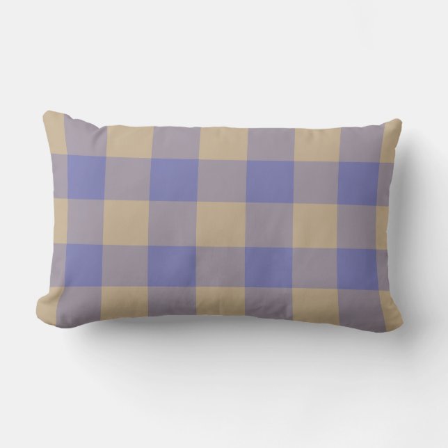 Vibrant Blue Beige Gingham Check Pattern Lumbar Cushion (Front)