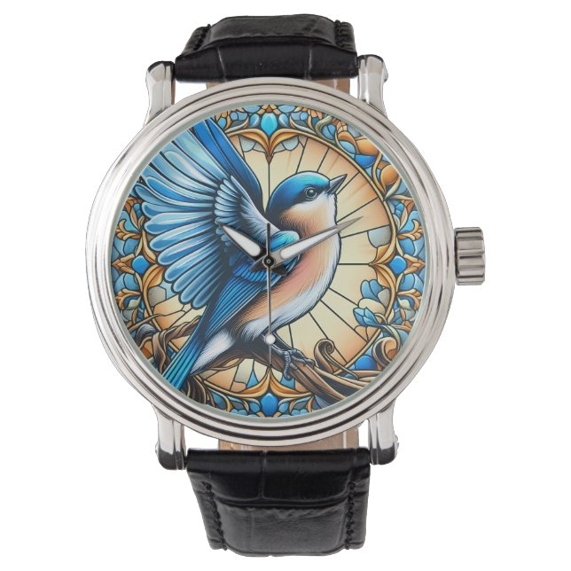 Vibrant Blue Bird Perched on Stained Glass Watch (Front)