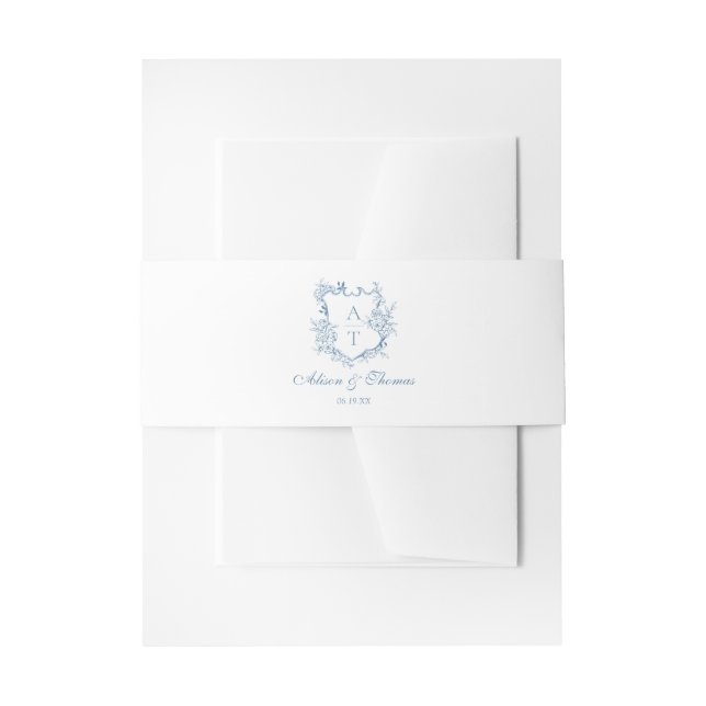 Vibrant Blue Classic Monogram Crest Wedding Invitation Belly Band (Front Example)