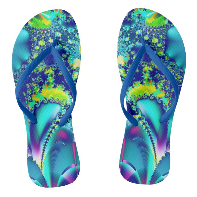 Vibrant Blue Cyan Green Fractal Jandals (Footbed)