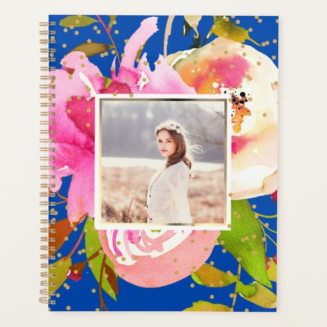 Vibrant Blue Floral and Confetti Photo Planner (Front)