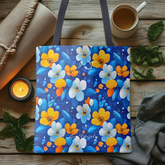 Vibrant Blue Floral Pattern – Colourful Botanical Tote Bag