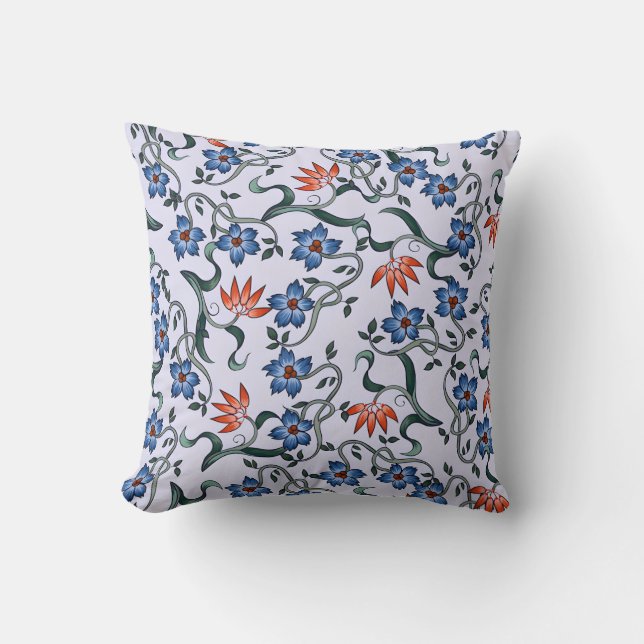  Vibrant Blue Floral Patterns with Green Vines Cushion (Front)